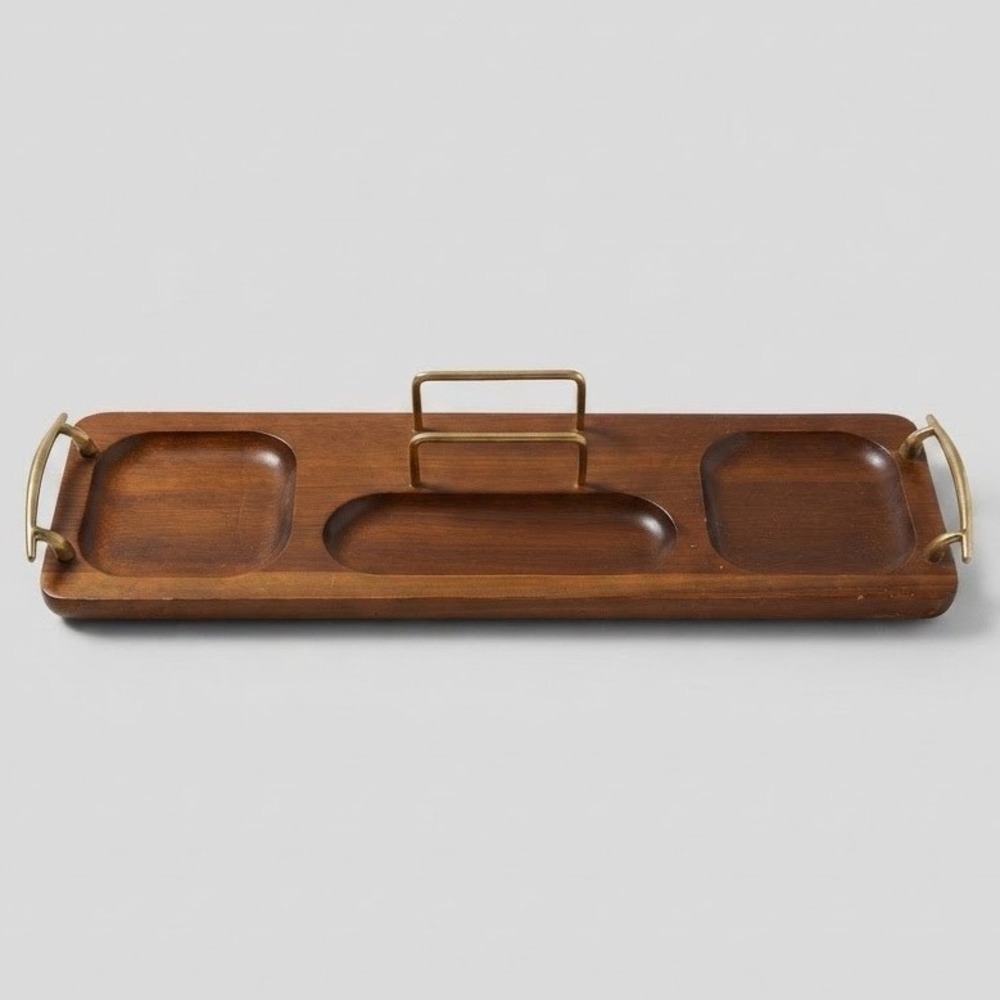 Mid Century Modern Wood Serving Tray with Brass Handles and Napkin Holder MCM